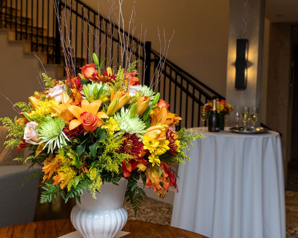 Detail shot of a large floral arrangement during event photography in Weston, MA near Boston, Massachusetts.