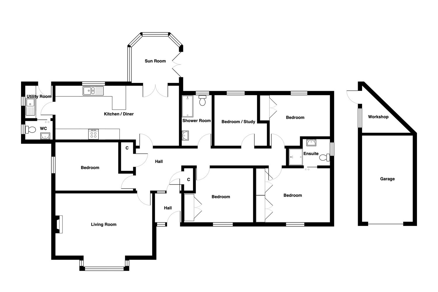 Black and white architectural floor plan showing layout of a single-story house with multiple rooms and an angled wall detail.