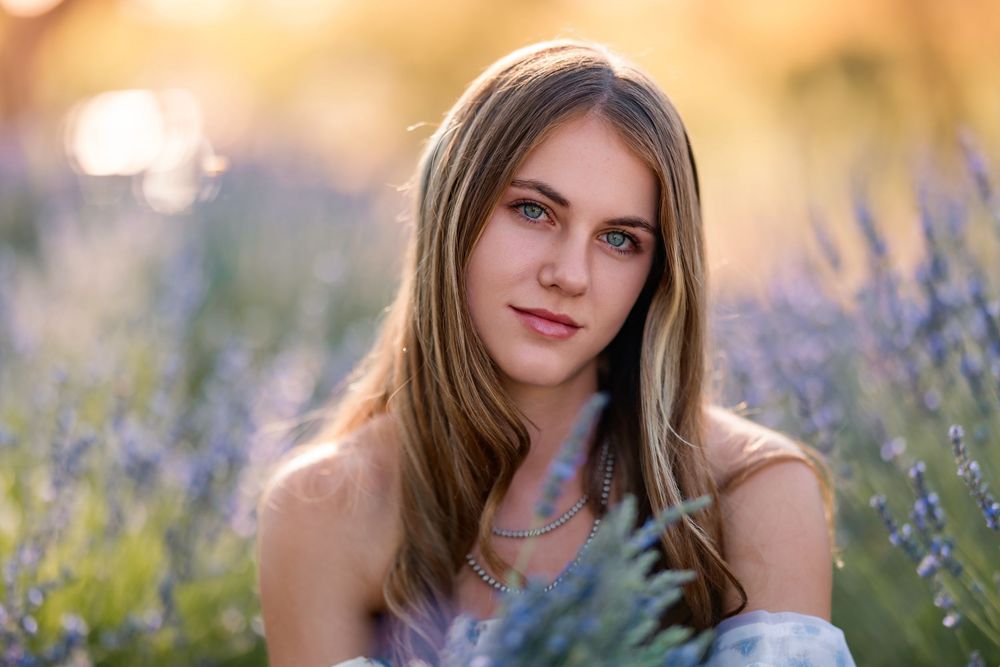 Class of 2026 senior photo in sunset lavender field, Tucson portrait photographer