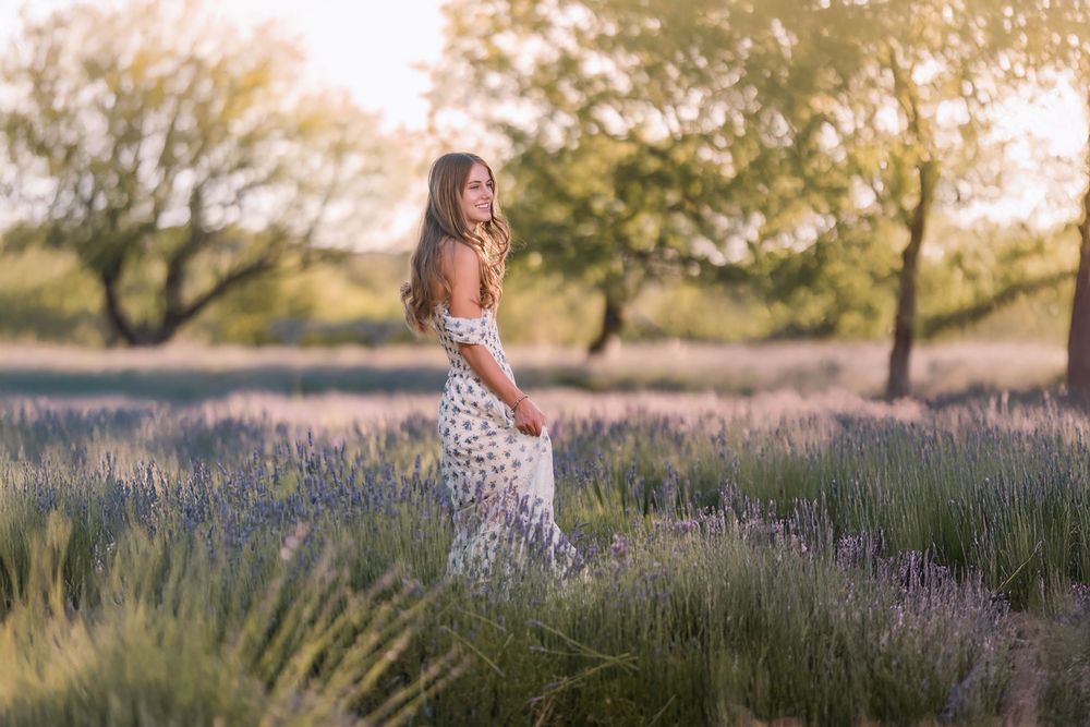Class of 2026 senior photo in sunset lavender field, Tucson portrait photographer