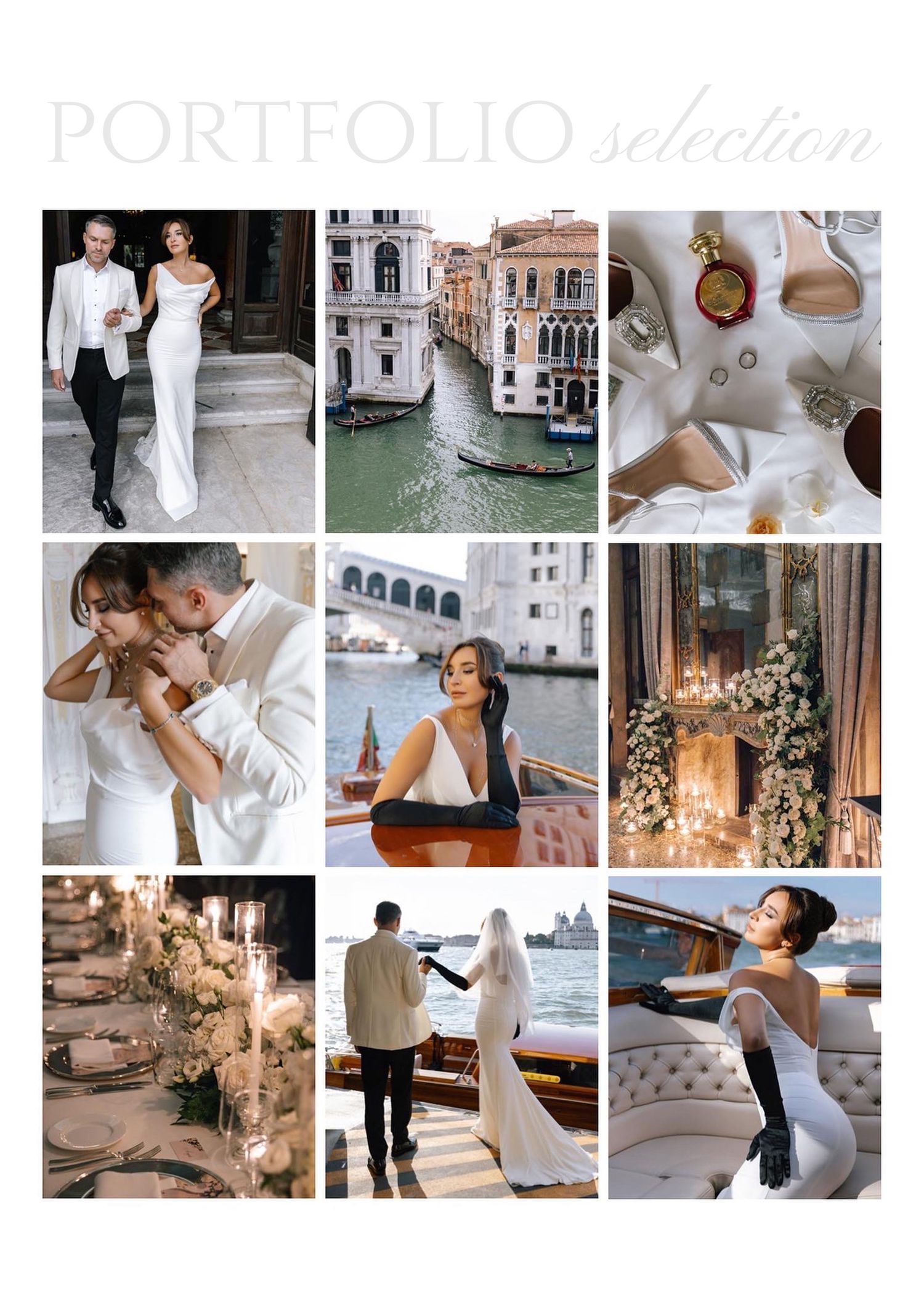 Wedding photography portfolio collage featuring elegant venues and romantic moments in Venice.