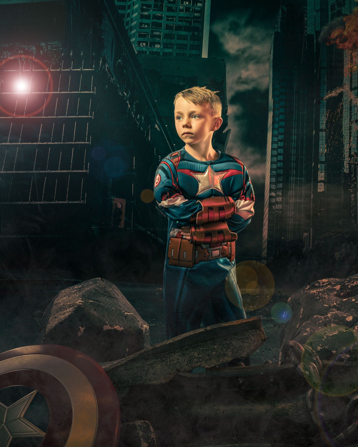 A superhero stands in a dramatic pose against a dark cityscape with glowing lights.