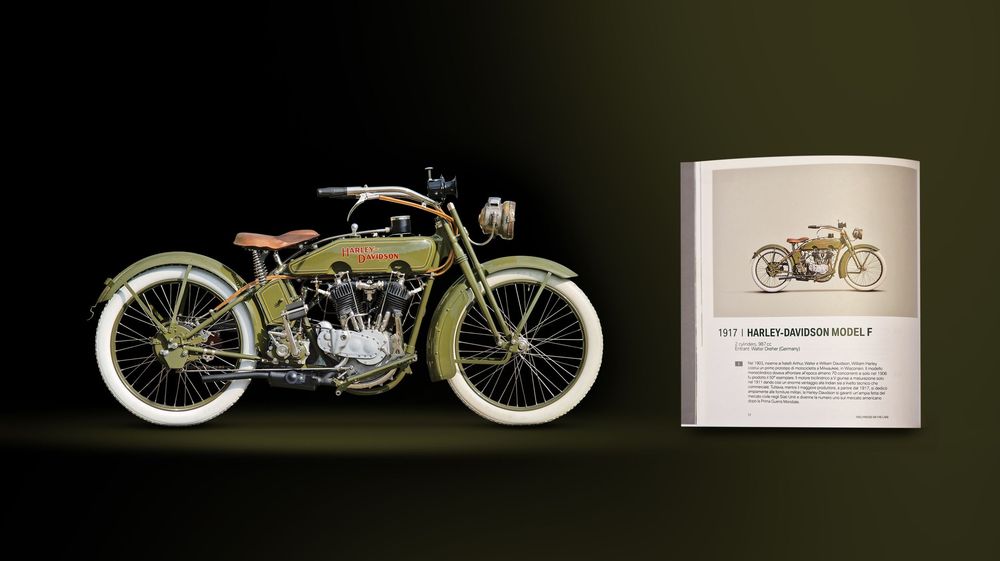 Classic 1920s green Harley-Davidson motorcycle displayed alongside technical diagram against dark background.