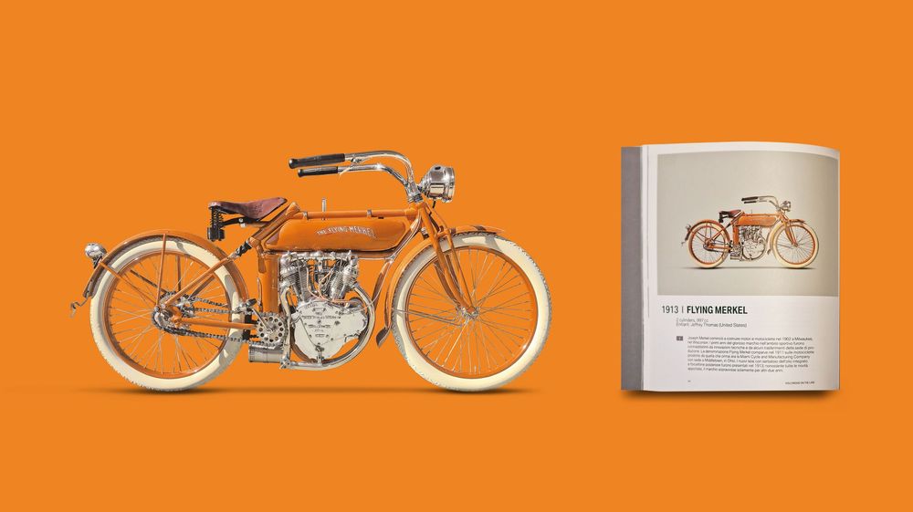 A vintage orange Flying Merkel motorcycle illustration displayed alongside its framed technical blueprint.