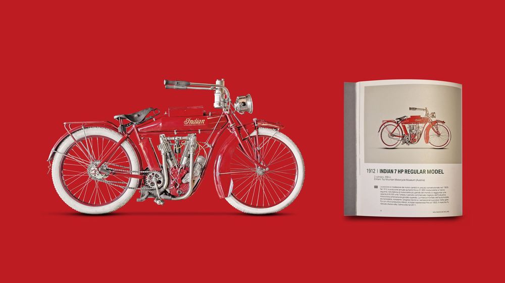 Vintage red motorcycle illustration displayed next to its technical diagram document against crimson background.