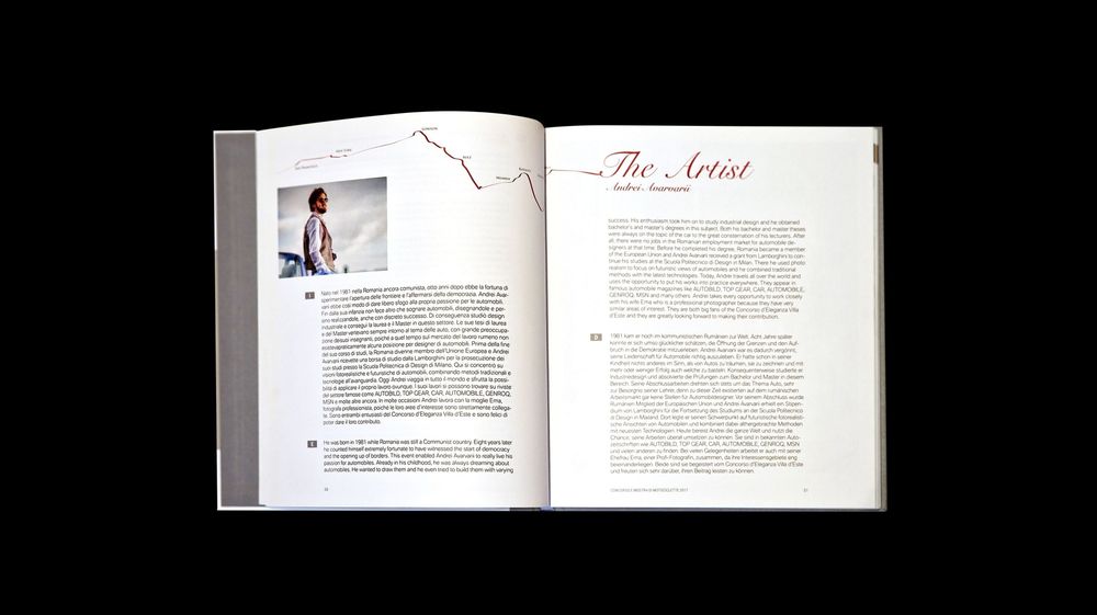An open book or magazine spread showing text layout with white pages against a dark background.
