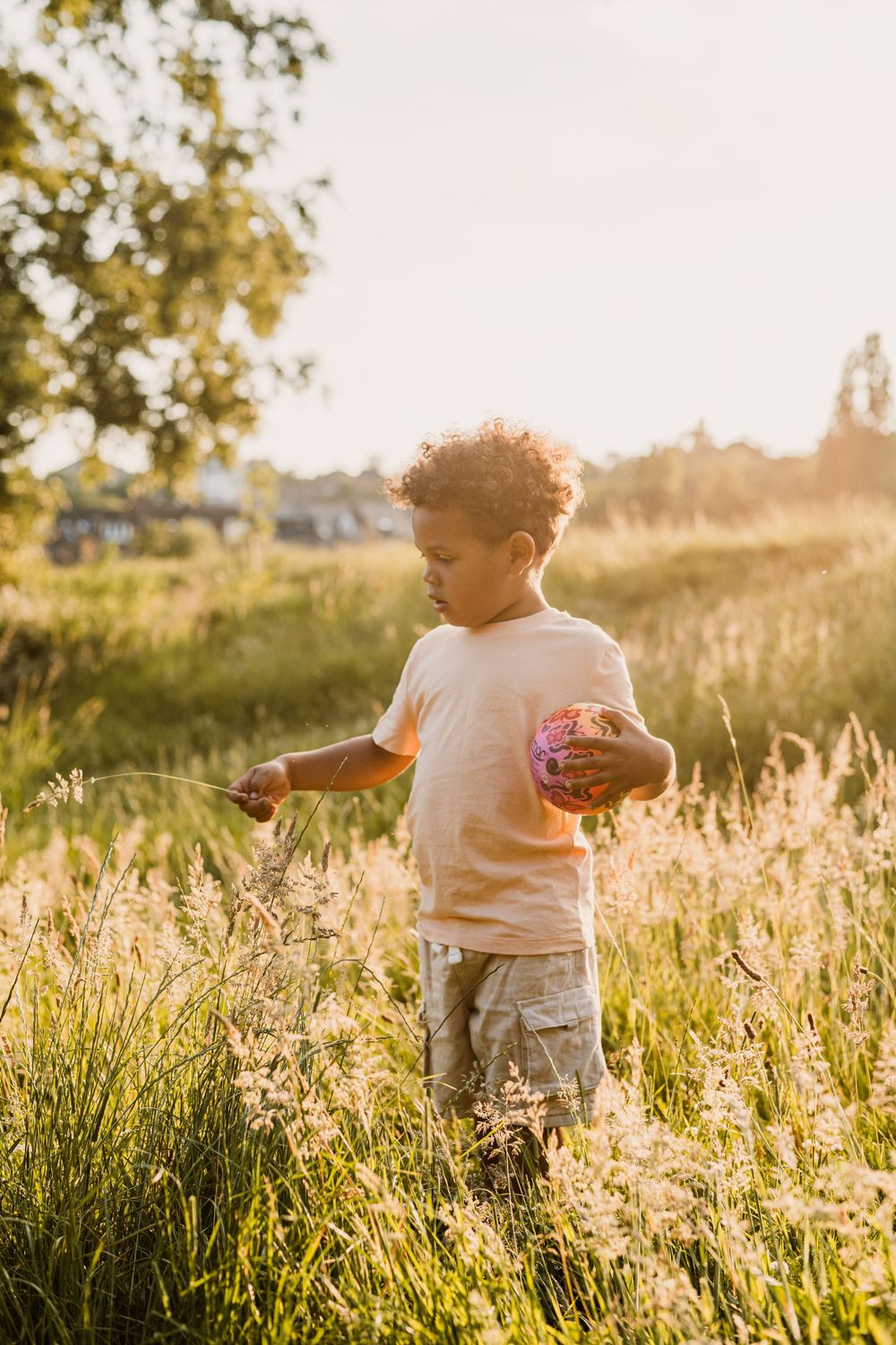 Child explores tall golden grass in a meadow at sunset while holding a pink ball in one hand.