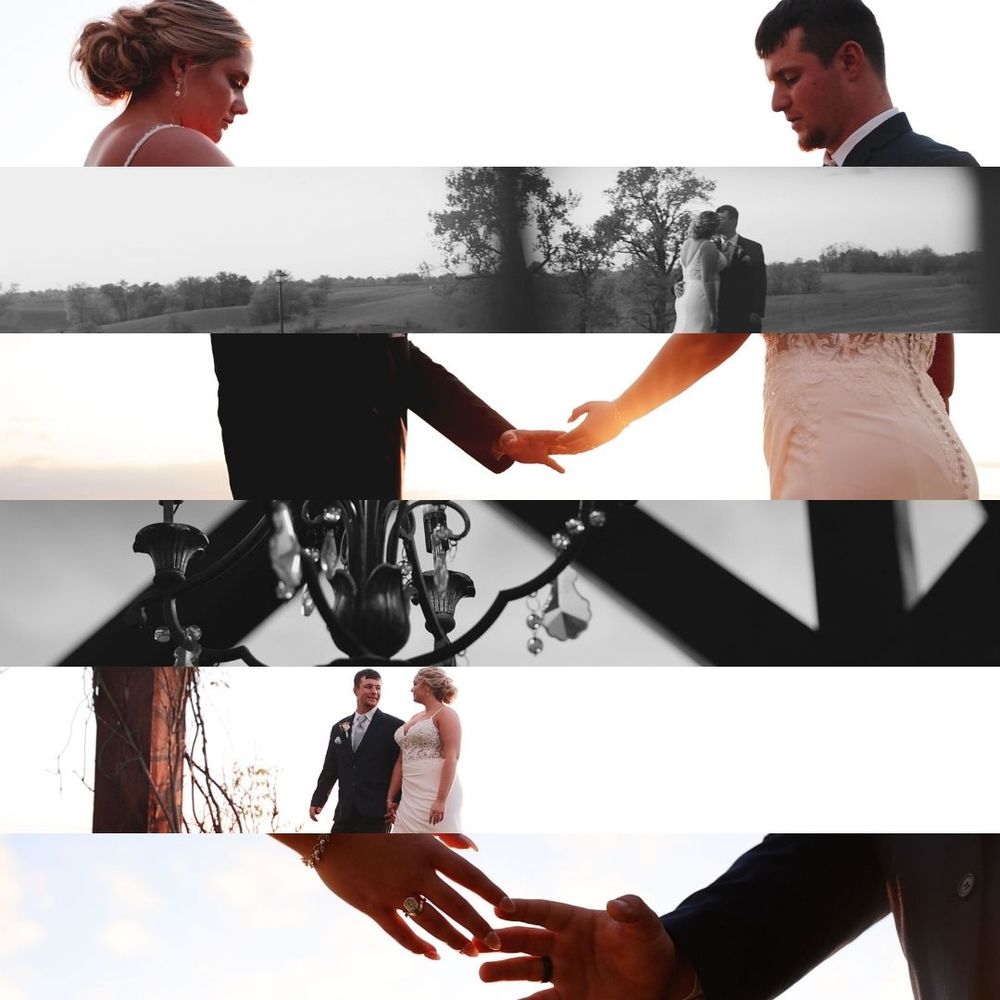 Artistic black and white collage composition of tender touching hands and romantic moments at sunset.