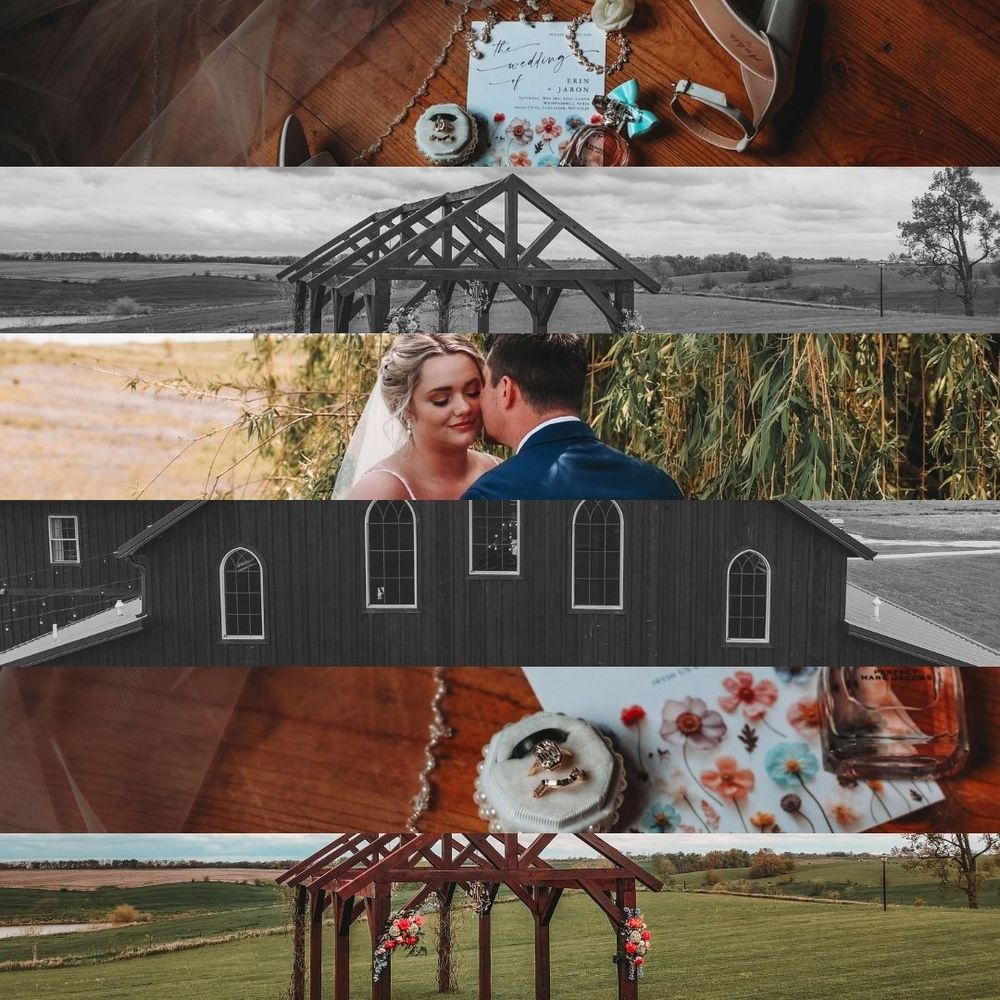Stylistic wedding photo collage featuring outdoor ceremony details, reception decor, and candid moments.