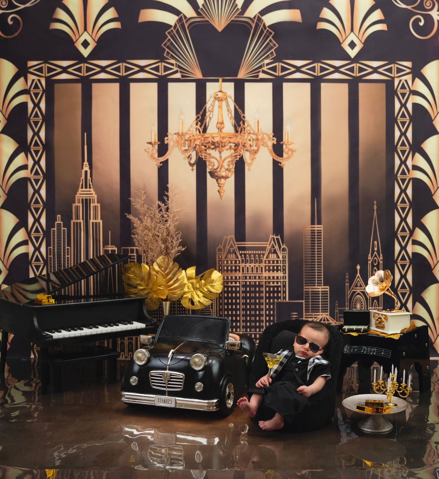 Art deco-inspired scene with vintage car, piano, and chandelier against geometric gold patterns.