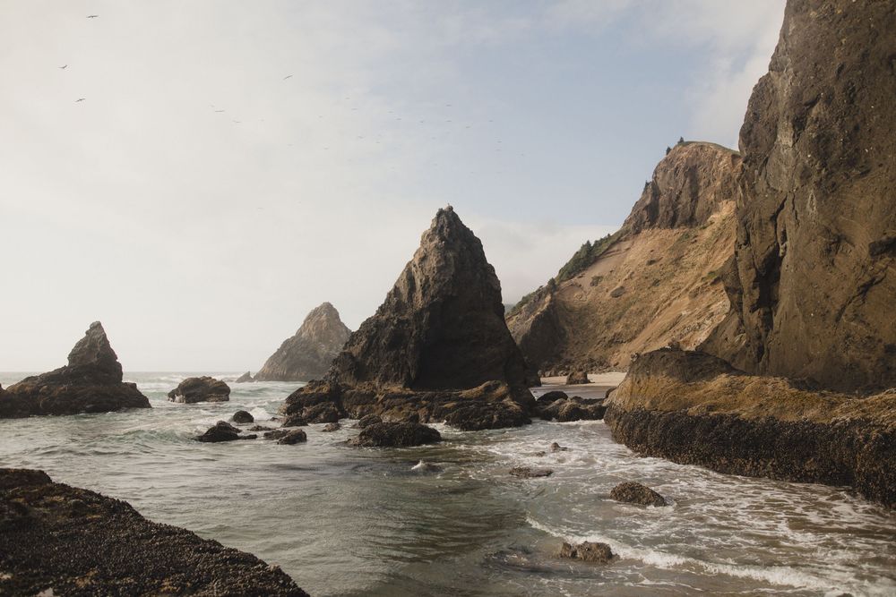 Rocky coastline with jagged sea stacks and crashing waves against steep cliffs on a moody Pacific Northwest beach.