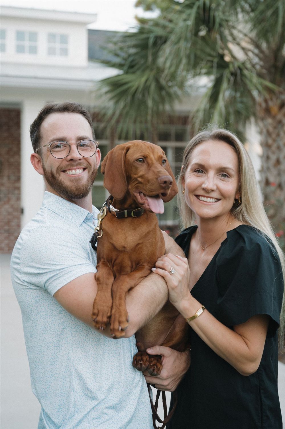 A Vizsla dog poses with a couple in front of a white house with a palm tree.