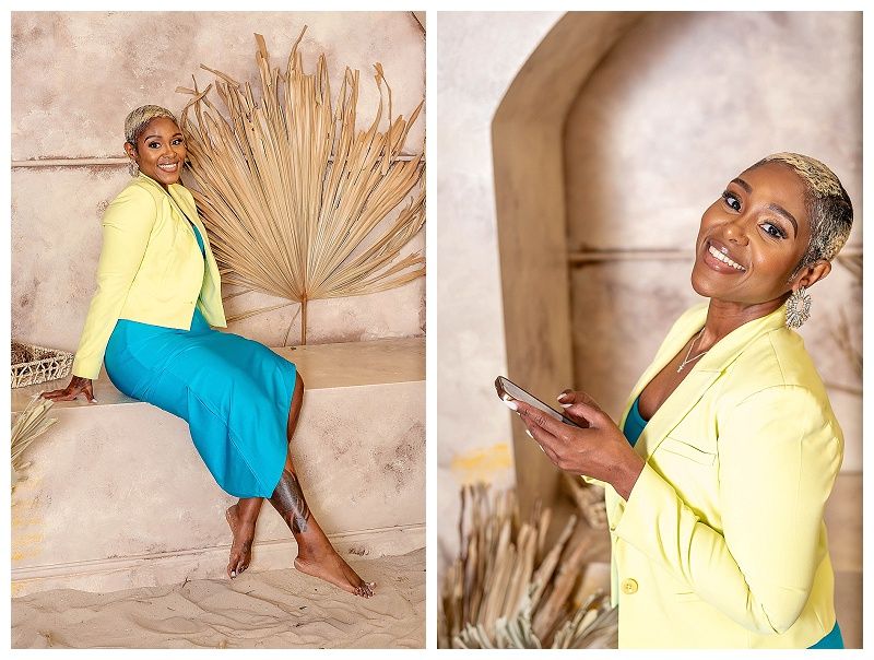 Studio photoshoot with business woman in a dress and blazer in Fort Lauderdale, FL