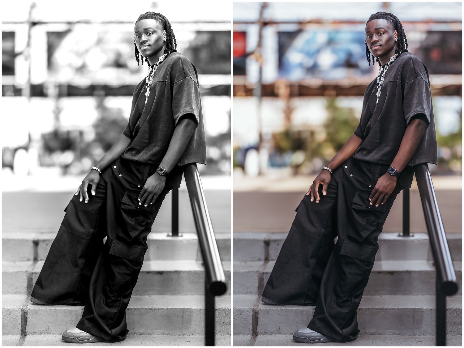 Person poses on outdoor steps wearing oversized black clothing and jewelry in black and white and color compositions.