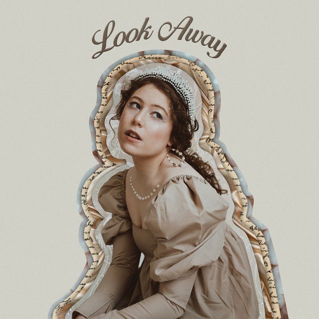 Vintage-styled image of someone looking upward in a Victorian dress and bonnet with an ornate decorative border.
