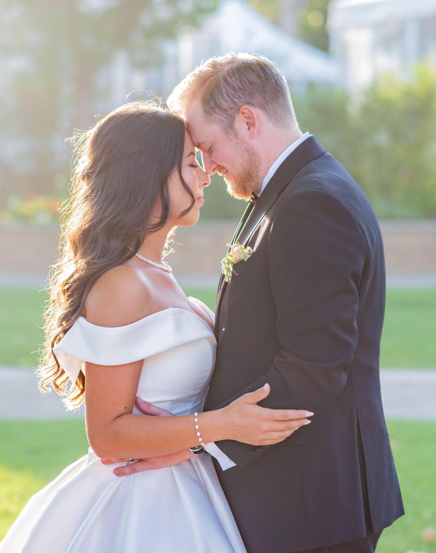 A bride and groom share intimate romantic moments in a dreamy outdoor photo collage at sunset.