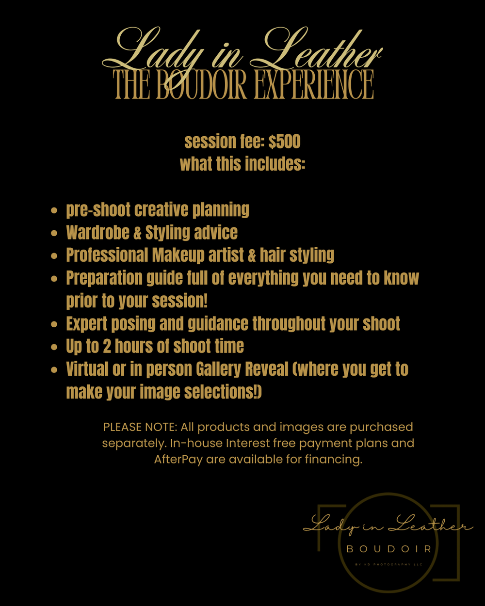 Elegant gold text on black background displays boudoir photography package details and pricing for Lady in Leather experience.