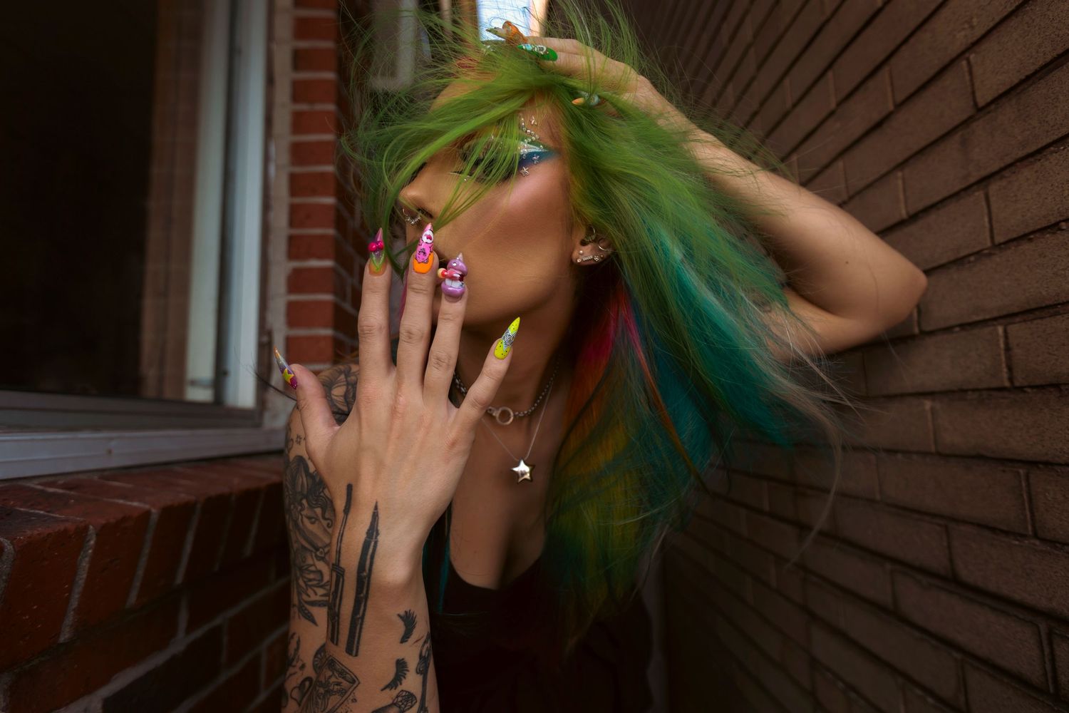 A joyful figure with vibrant green hair dances and poses playfully in a series of connected photos.