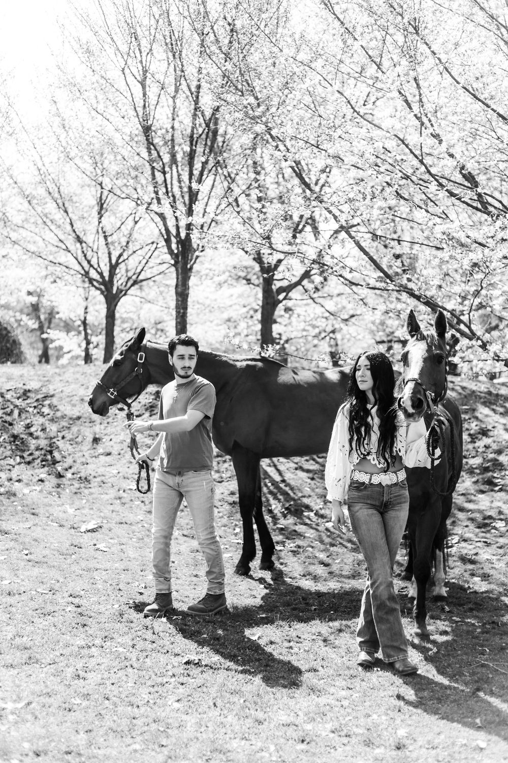 A couple poses with their dark horse in a dreamy black and white spring setting with bare trees in the background.