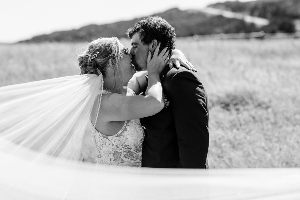 A romantic black and white wedding photo showing two people sharing a loving embrace in a field with a flowing veil.