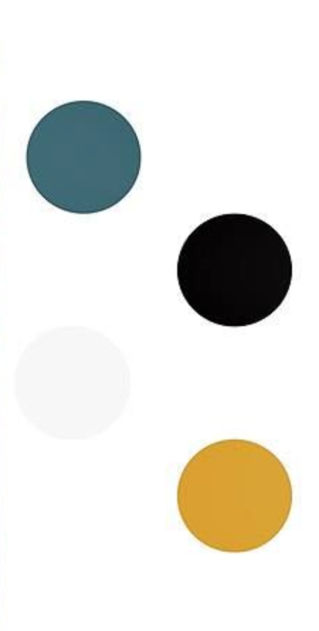 Four minimalist circles in teal, black, white, and gold arranged vertically on white background.