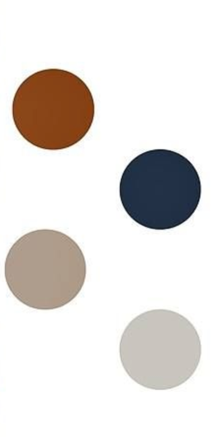 Neutral color palette with brown, navy, taupe, and light gray circular swatches.