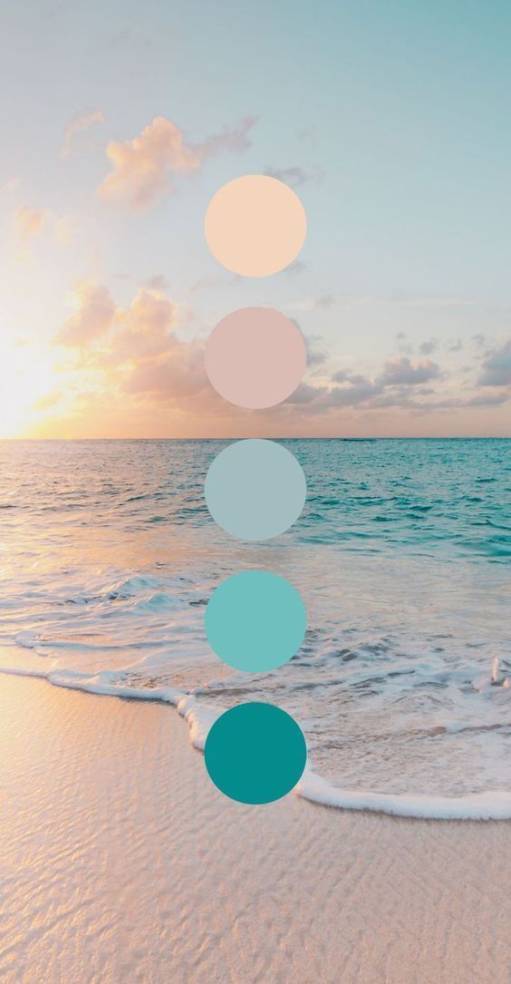 Coastal color scheme with pastel circles arranged vertically against a dreamy beach sunset background.