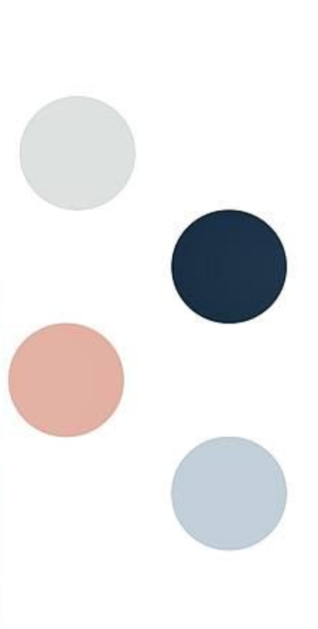 Minimalist color palette with navy, blush pink, and soft gray circles on white background.