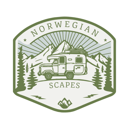 A vintage-style camping and RV logo design featuring an off-road camper truck in a hexagonal badge with forest scenery.