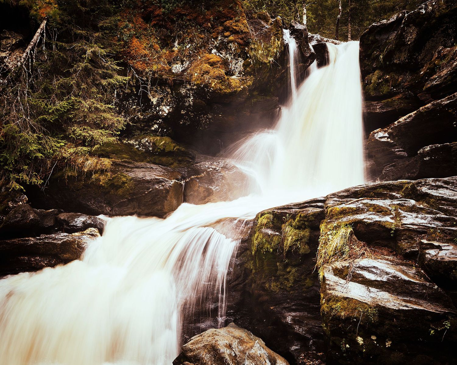 Powerful waterfall cascading over moss-covered rocks in autumn forest setting.