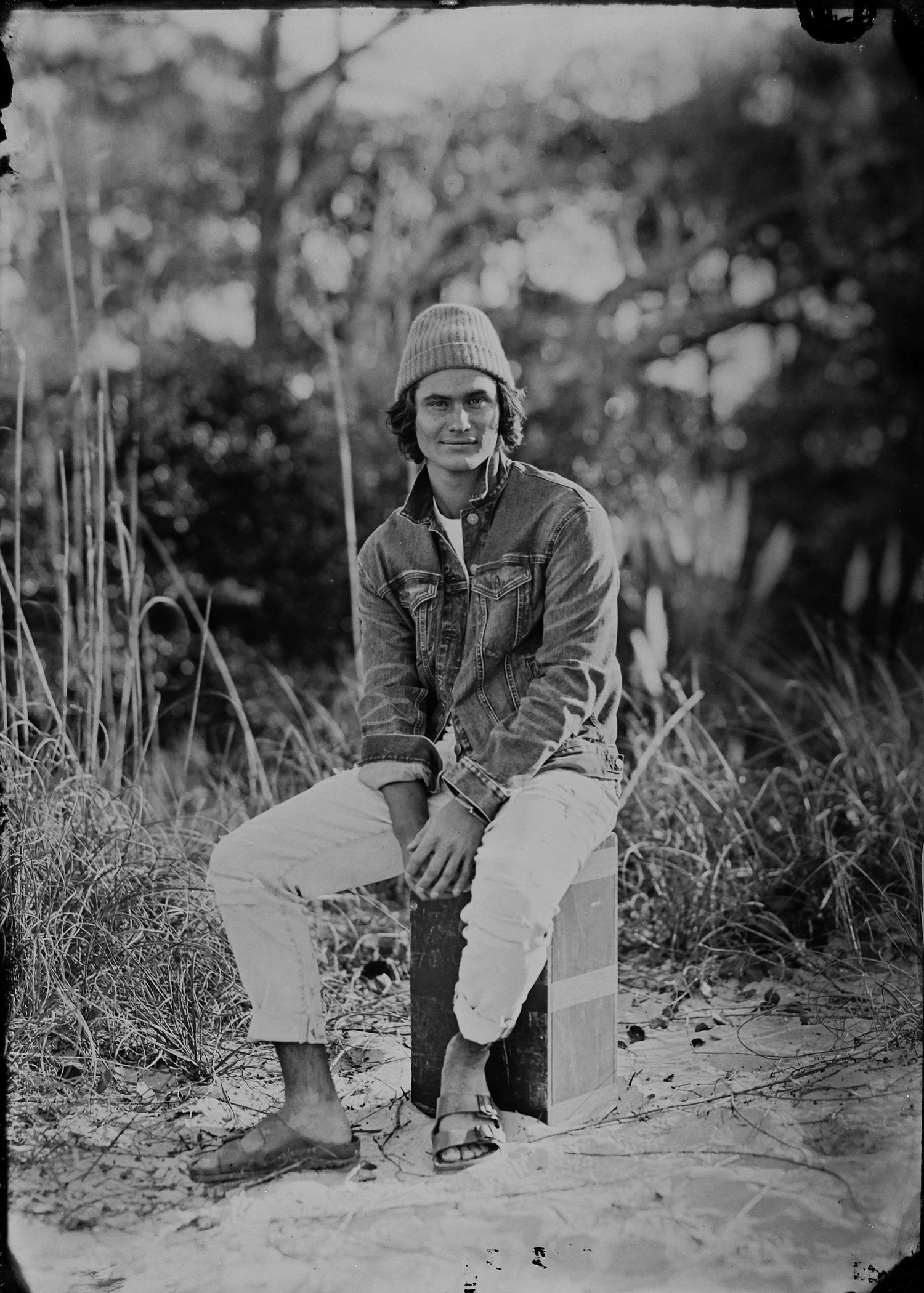 tintype portrait of Chase Stokes taken on the beach in South Carolina