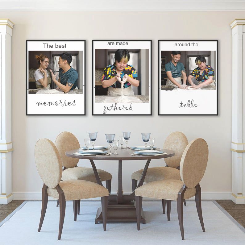 Family pictures frames on the wall in dining area