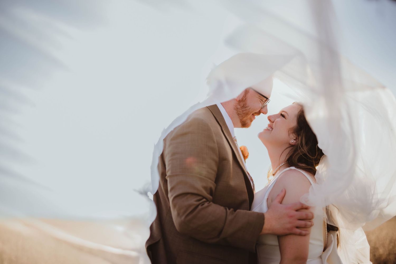 Sunlit wedding photograph showing an intimate kiss between newlyweds with a flowing veil.