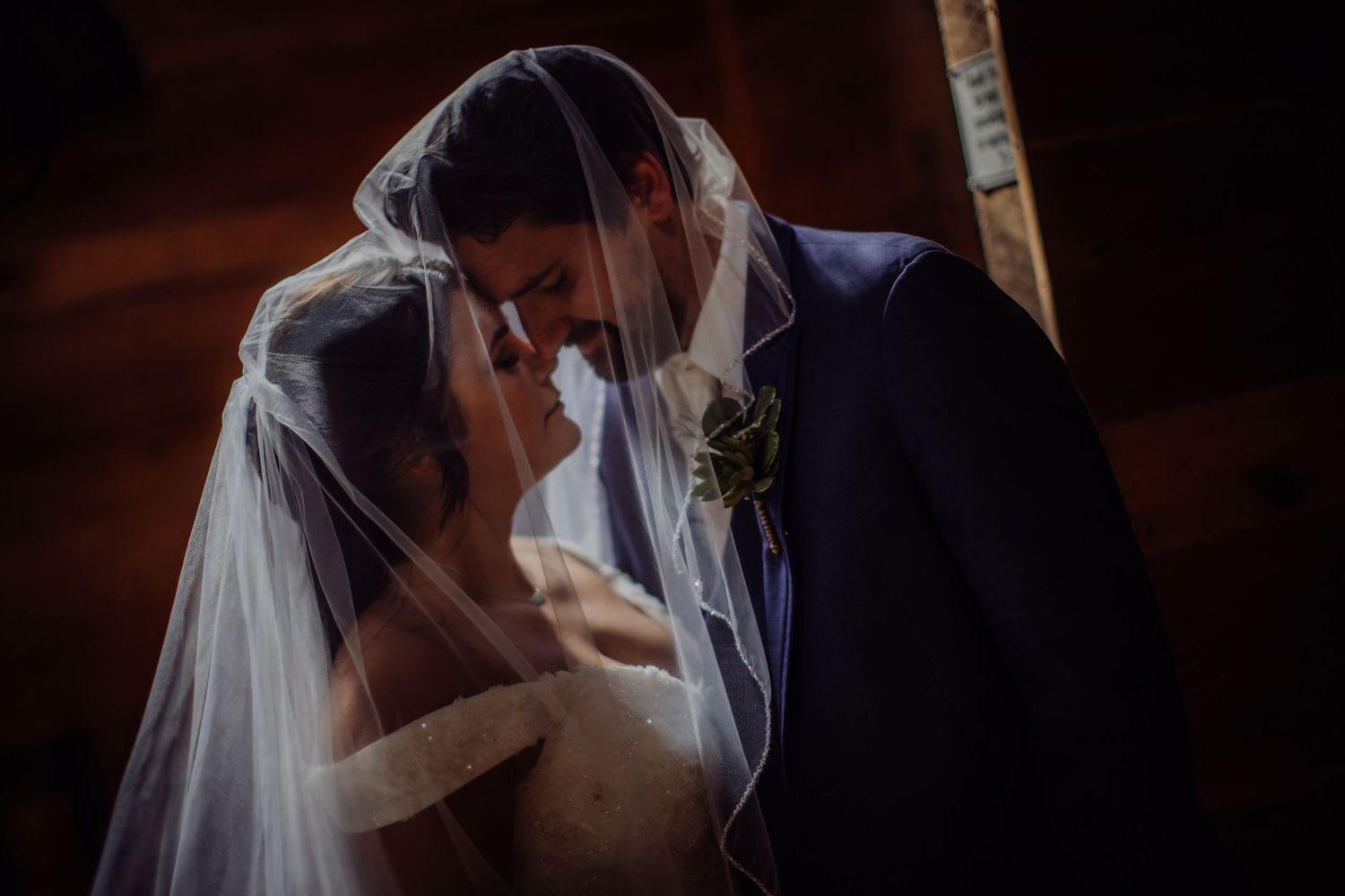 Atmospheric wedding photograph of a couple sharing an intimate moment under a veil.