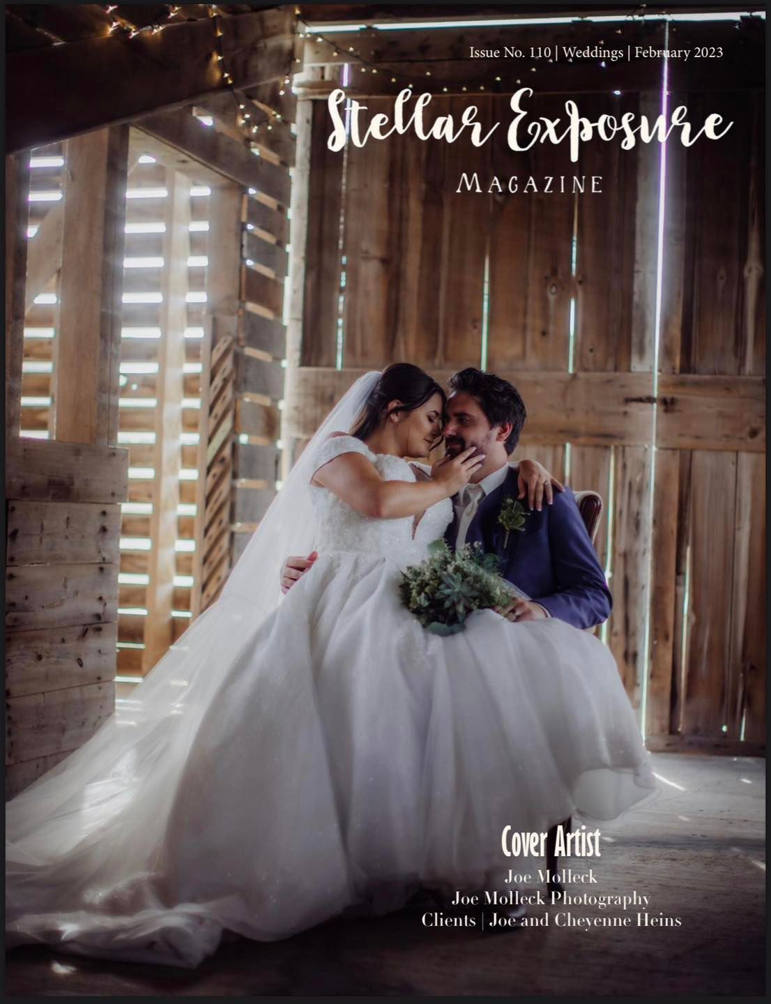 Wedding magazine cover featuring elegant barn photoshoot with romantic lighting.