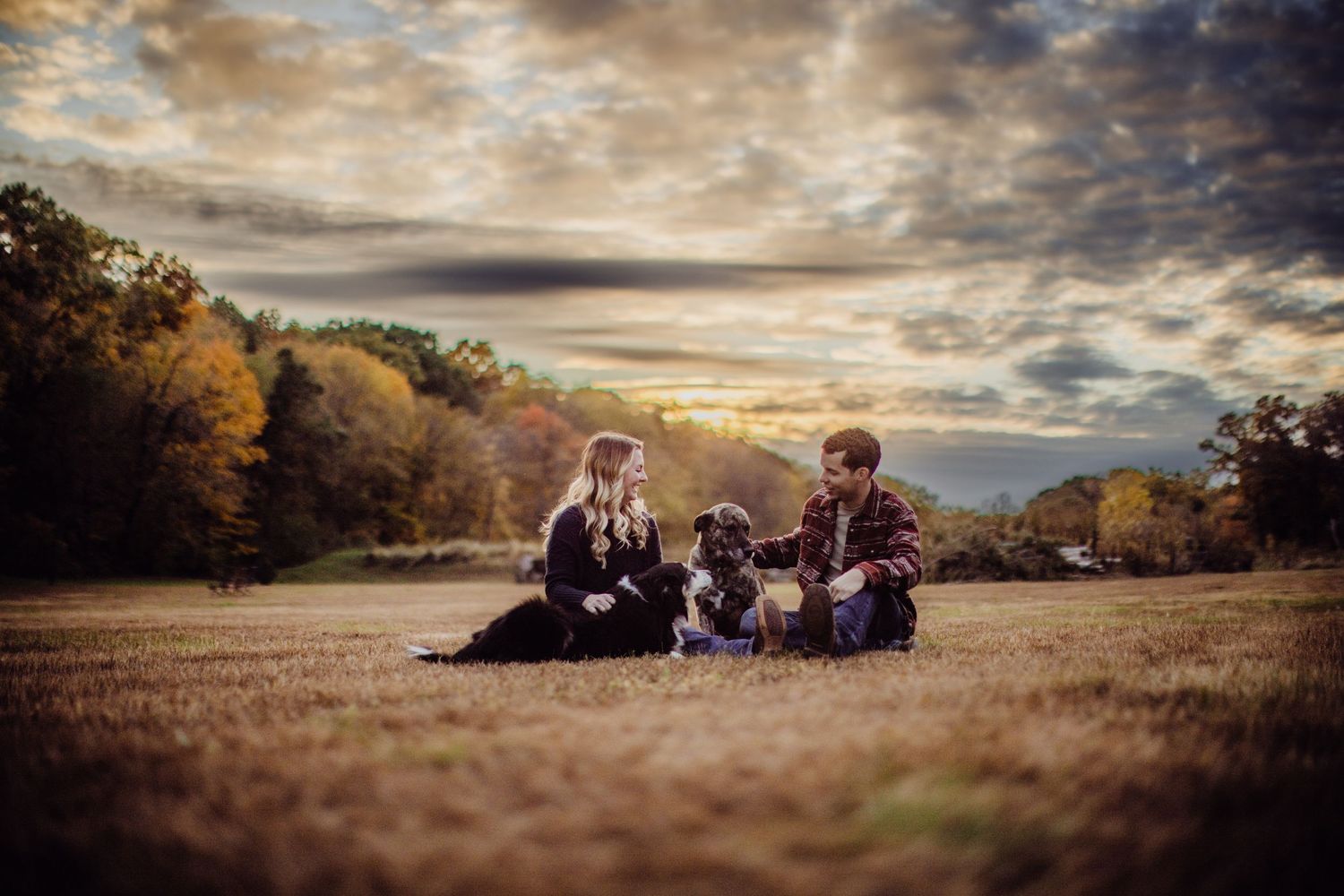 A couple and their dogs sit together on an autumn field during sunset.