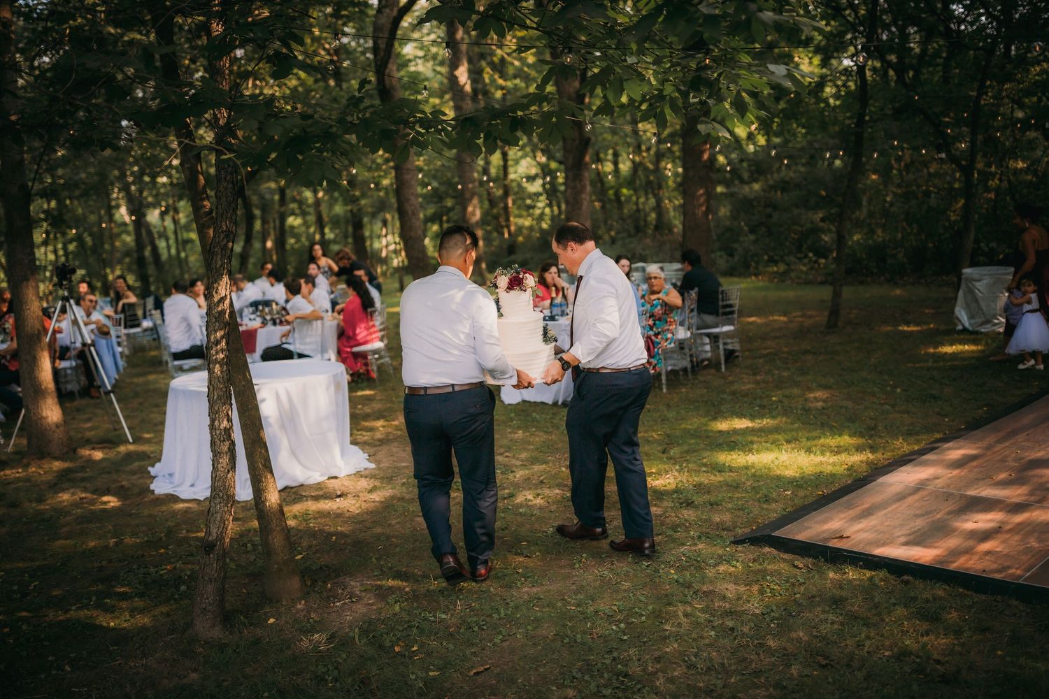 Professional photography gear and lighting setup in a natural wooded setting with string lights.