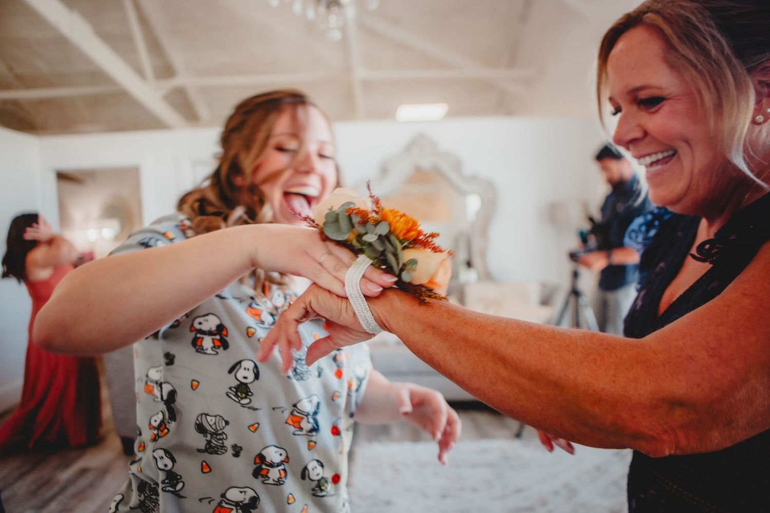 Close-up shots of joyful reactions during a wedding first look moment.