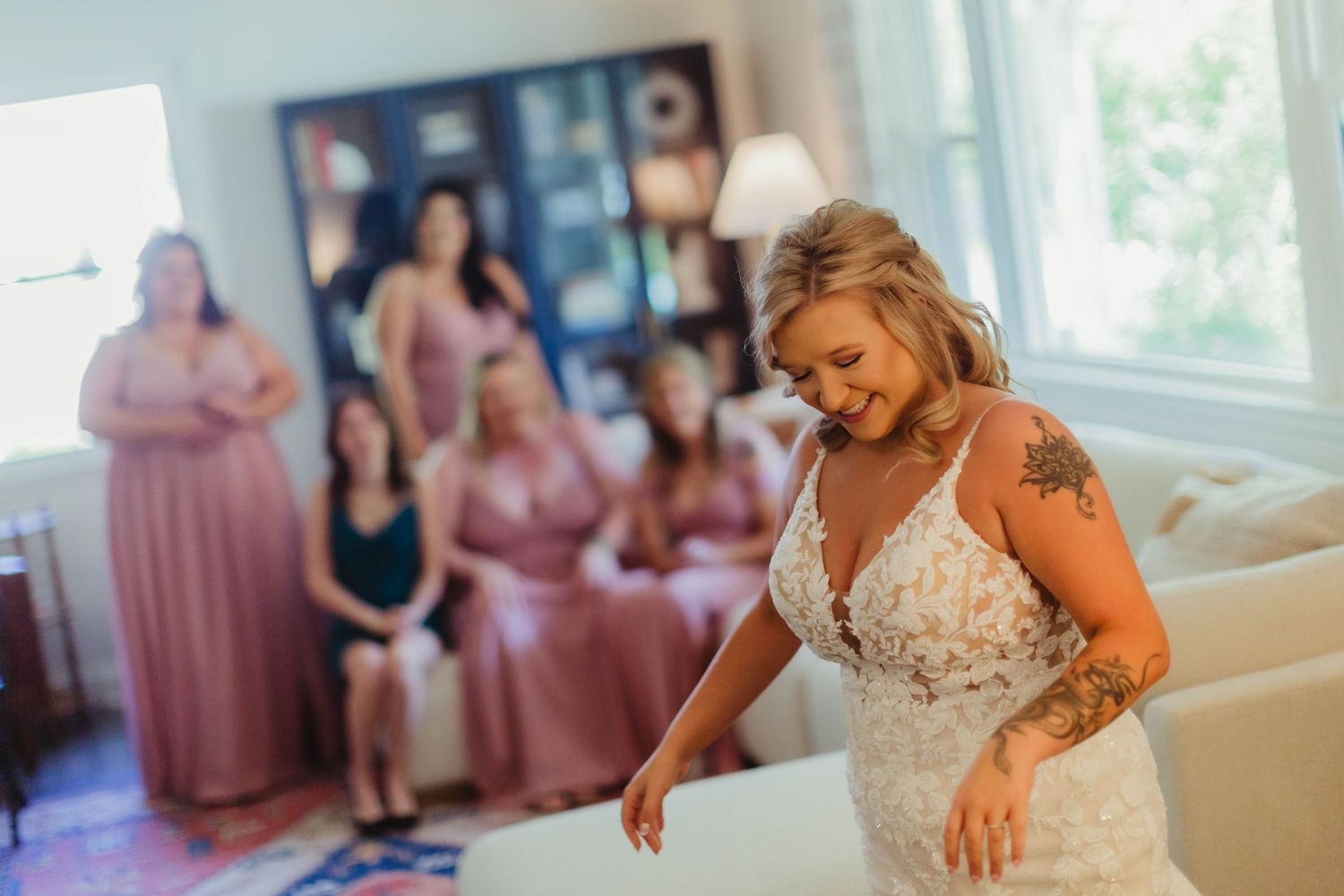 A candid moment captures movement and joy during wedding preparations.