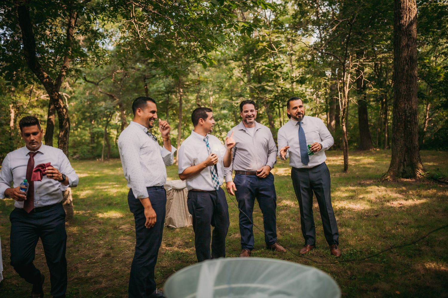 Wedding guests socializing on a sunny lawn during an outdoor reception.