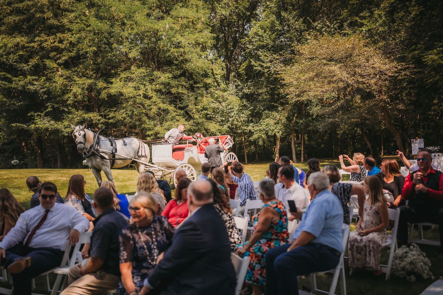 Wedding guests seated outdoors watching a ceremony unfold in a wooded setting.
