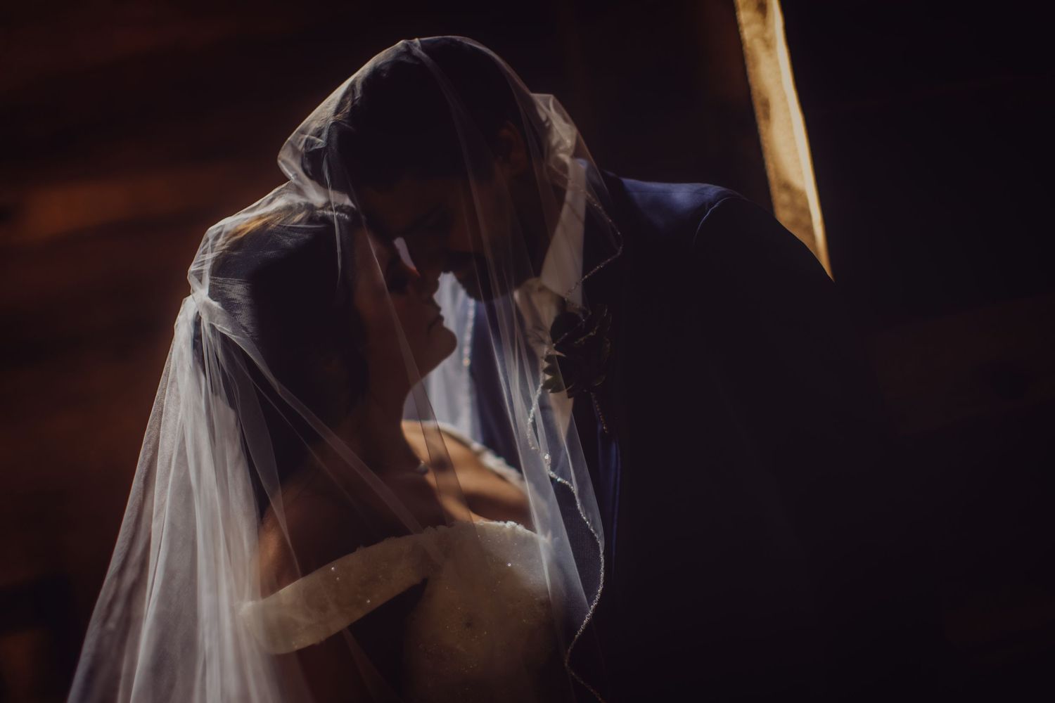 A romantic silhouette of newlyweds sharing an intimate moment under a veil.