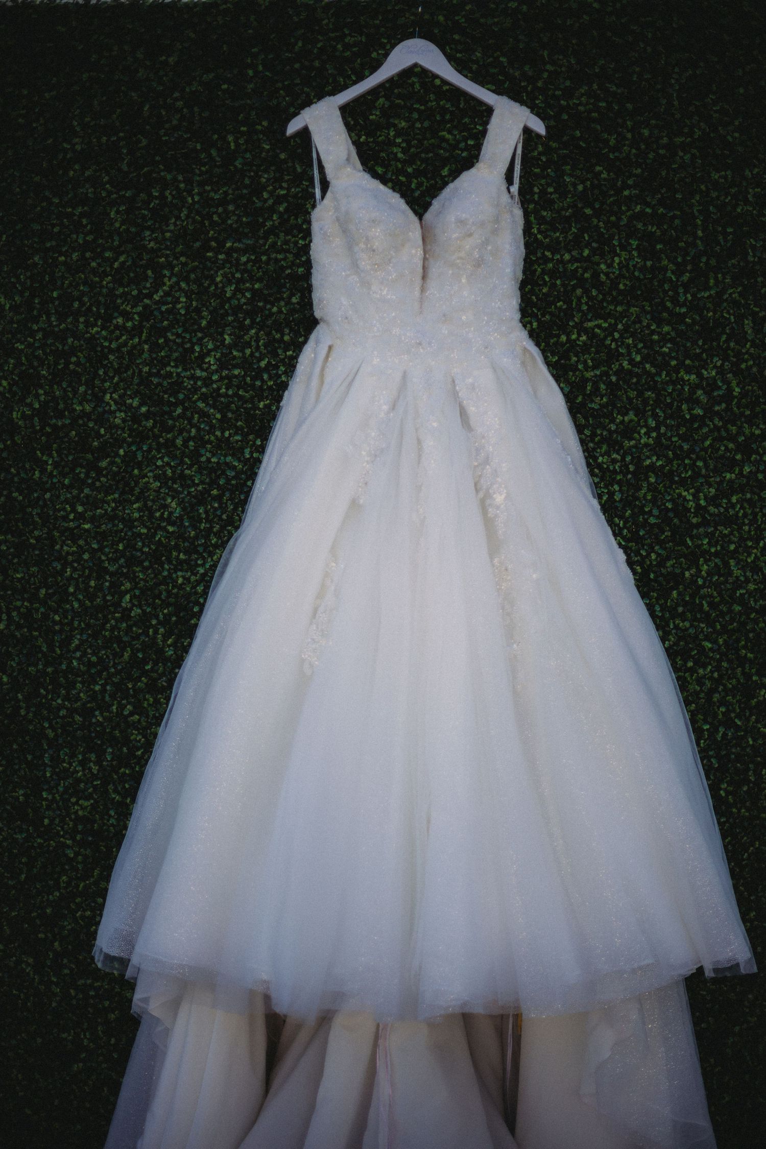 White tulle wedding dress hangs elegantly against a dark hedge backdrop.