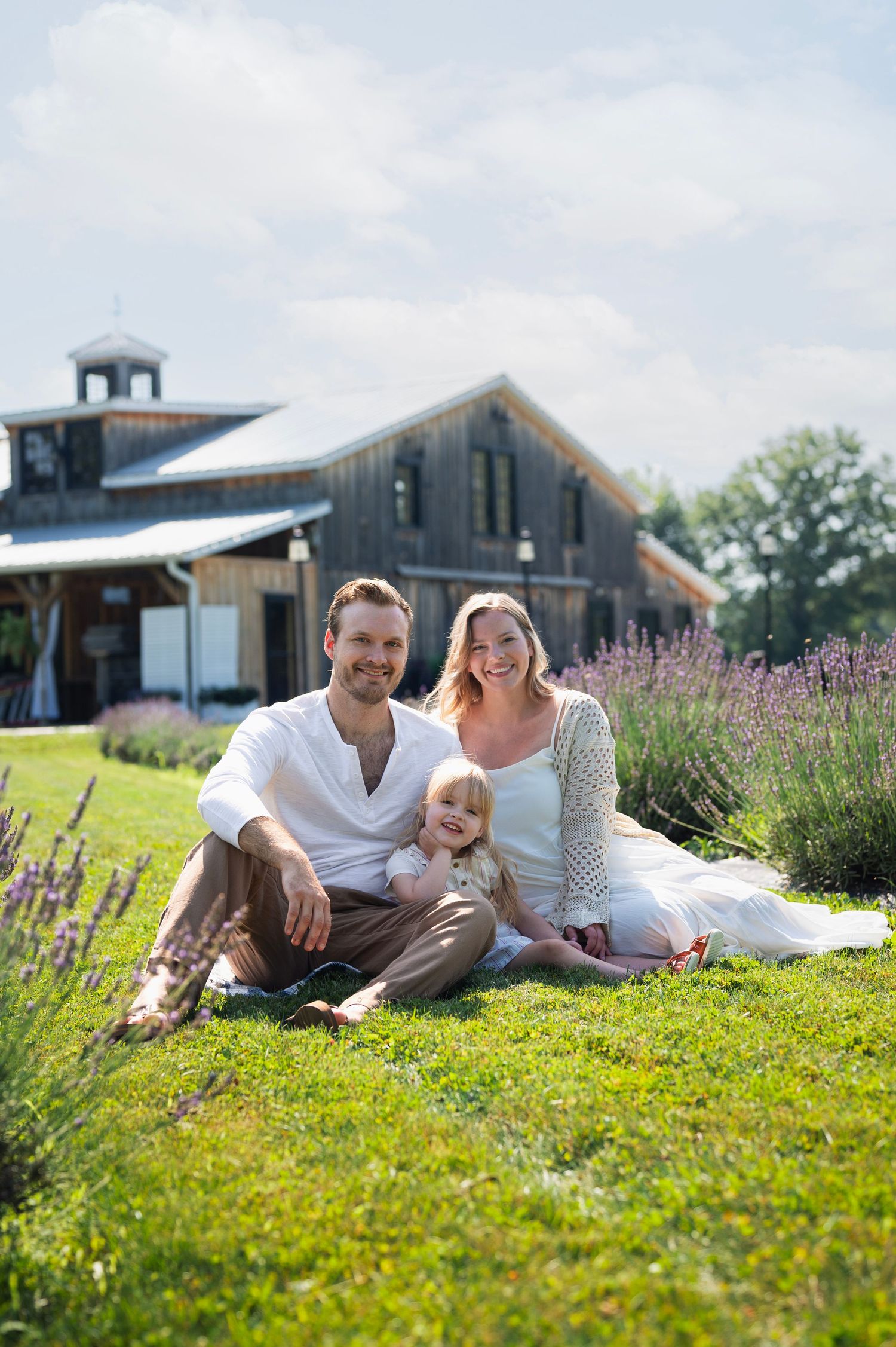 Sunlit family photo in a lavender field at a Westerville summer mini session