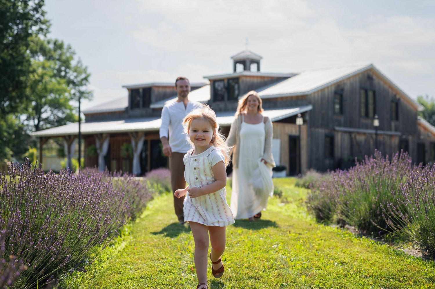 Family photo in lavender field with child leading the way—captured during a seasonal mini session in central Ohio