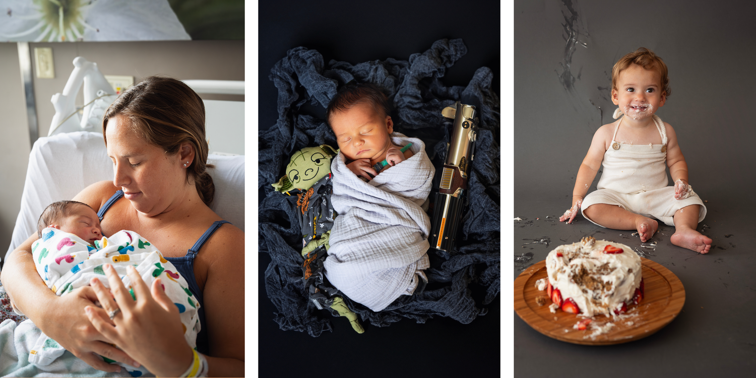 A storytelling banner featuring a mom snuggling her newborn, a Star Wars-themed newborn portrait, and a joyful toddler after a cake smash