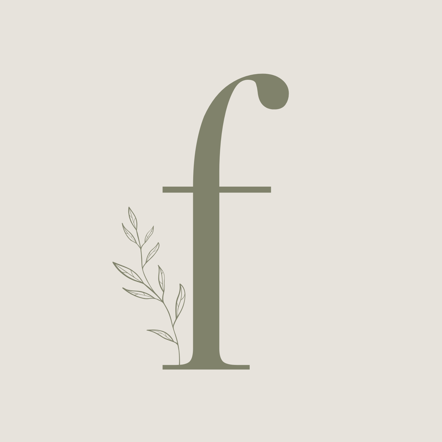 Minimalist lowercase letter 'f' in sage green with a delicate botanical branch illustration on beige background.