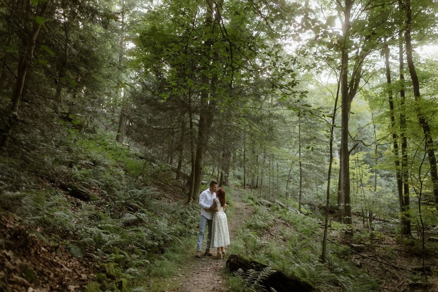 Two figures embrace on a woodland trail surrounded by lush green forest and dappled sunlight.