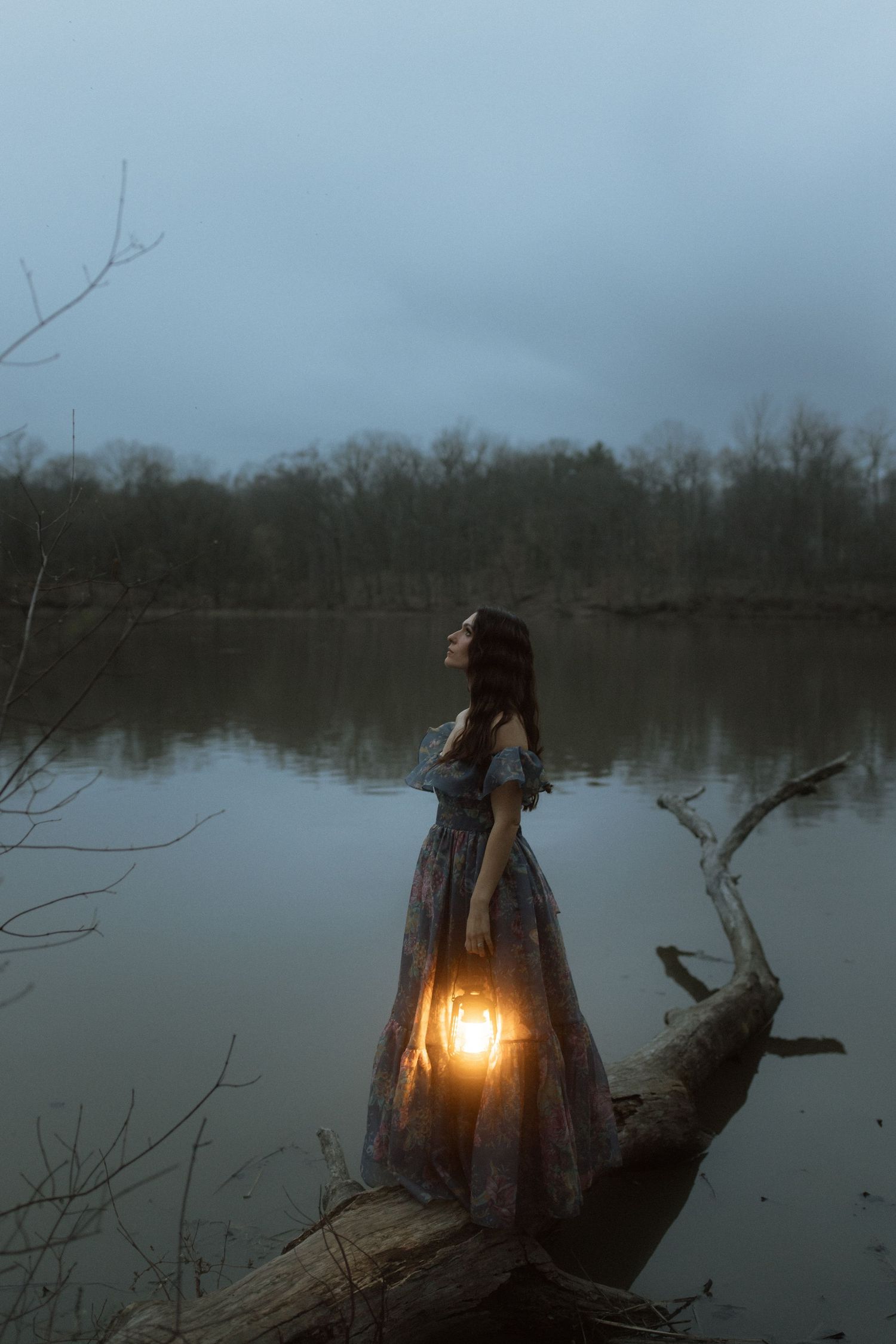 A glowing lantern illuminates a person in a flowing dress standing on a fallen tree over a misty lake at dusk.