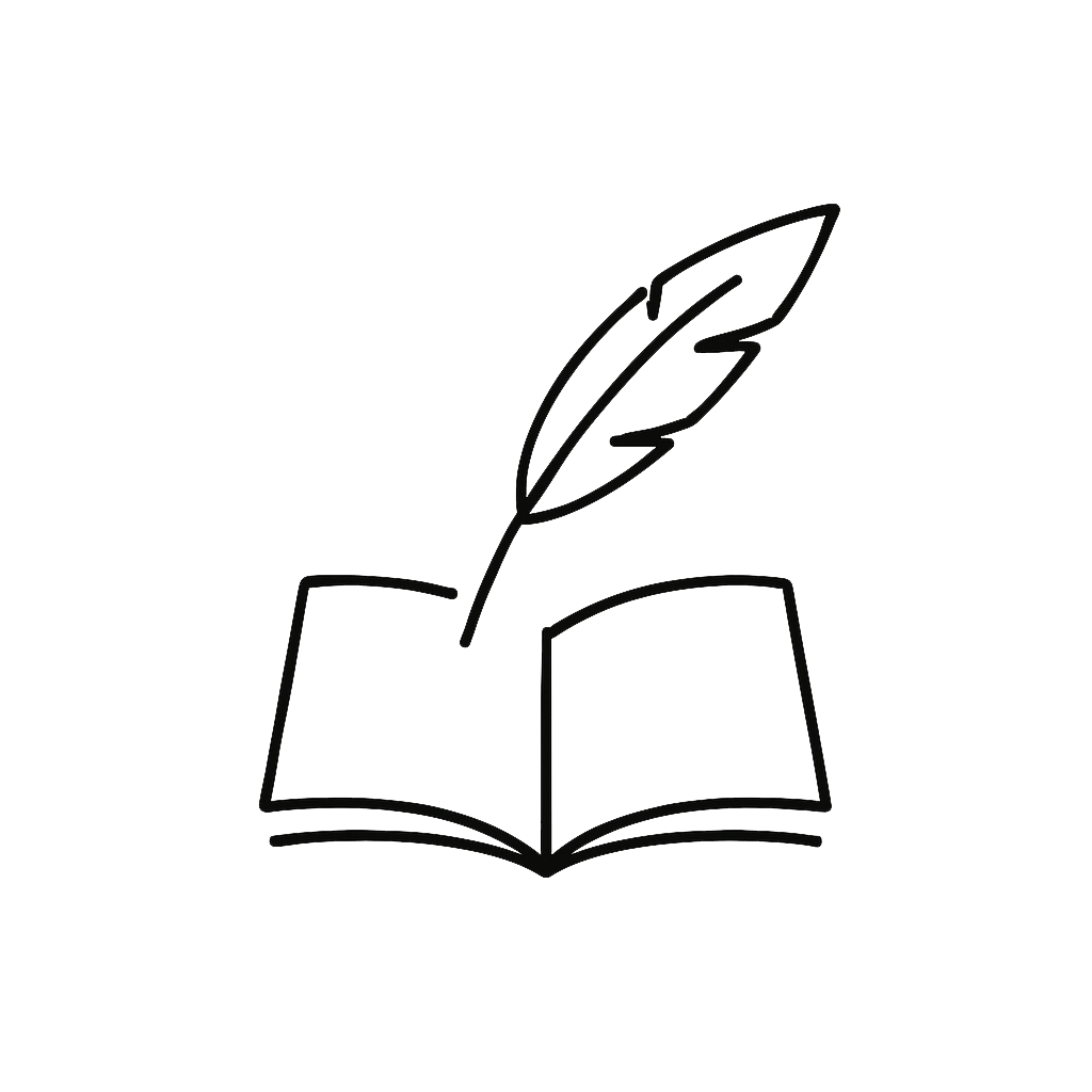 Simple line drawing of an open book with a quill feather pen.